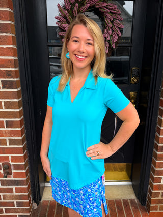 Lulu B Short Sleeve Collar Top Clear Turquoise