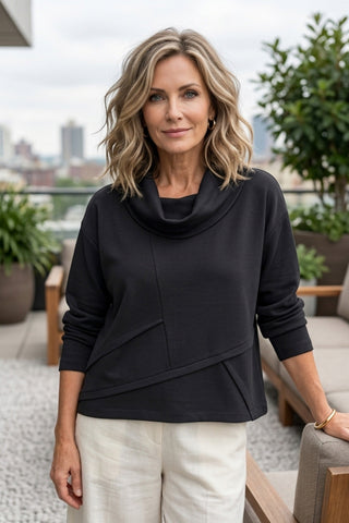 Olivia by Habitat Draped Collar Asymmetrical Hem Knit Top Black