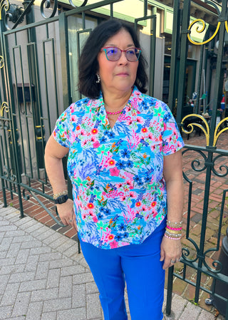 Lulu B Tropical Dragonfly Short Sleeve Collar Top
