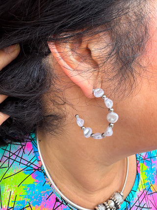 Silver and Pearl Abstract Hoop Earrings