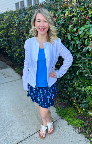 Lulu B Chic White Frayed Edge Linen Zip Jacket