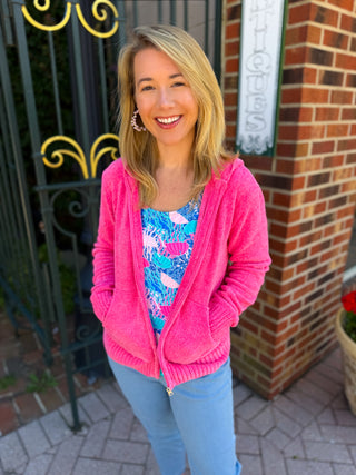 Lulu B Heathered Bright Hot Pink Hooded Chenille Zip Jacket