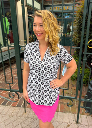 Beachtime by Lulu B Black and Stone Flower Short Sleeve Collar Top