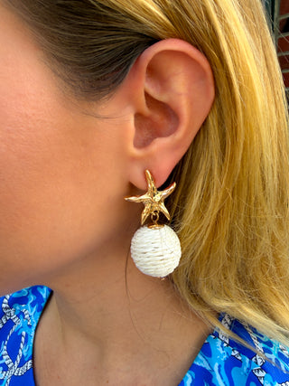 Starfish & Raffia Ball Shape Earrings Ivory