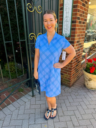 Lulu B Bright Periwinkle Grid Short Sleeve Quarter Zip Dress