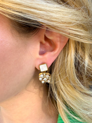 Gold and Pearl Block Earring