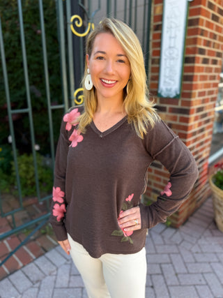 Charlie B Reversible Floral V-Neck Sweater in Coffee