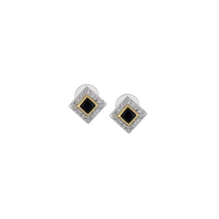 Black Onyx Diamond-Shaped Two-Tone Post Earrings - With Pavé