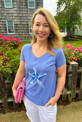Escape by Habitat Women's Cotton V-Neck Tee Baja Blue Starfish