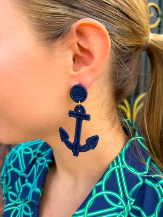 Raffia Anchor Shape Earrings Navy