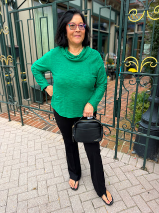 Lulu B Emerald Waffle Texture Cowl Neck 2 Pocket Top