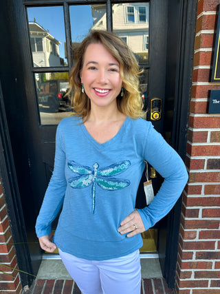 Escape by Habitat Indigo Dragonflies Step Hem Boxy V-neck Tee