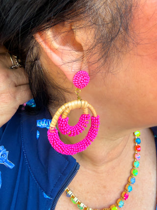 Seedbead & 2 Circle Rattan Earrings Fuchsia