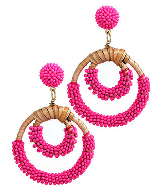Seedbead & 2 Circle Rattan Earrings Fuchsia