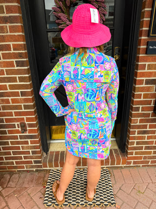 Beachtime by Lulu B Modern Mosaic Long Sleeve Collar Dress