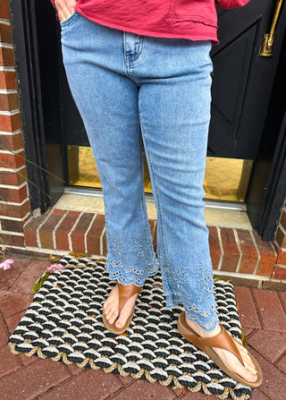 EverStretch Flare Crop with Cut-out Bottom Light Denim