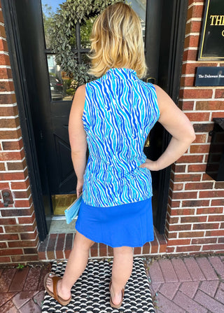 Lulu B Blue Zebra Sleeveless Zip Top