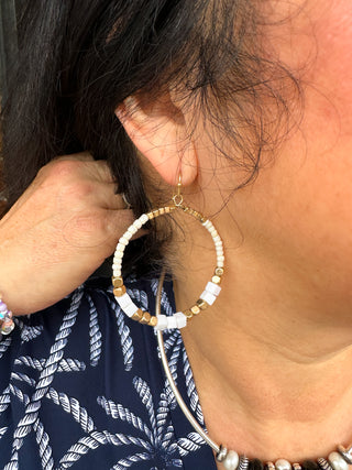 Cream and Gold Beaded Hoop Earrings
