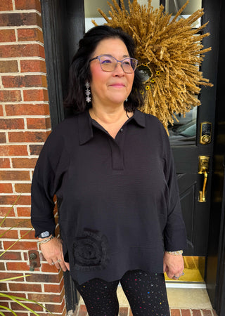 Tango Mango Black Textured Tunic Blouse with Ruffle Detail