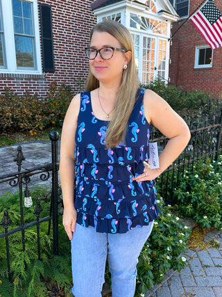 Lulu B Navy Seahorse Sleeveless Cha Cha Tank