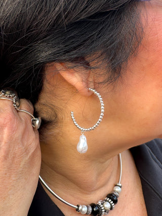 Silver Hoop Pearl Dangle Earrings