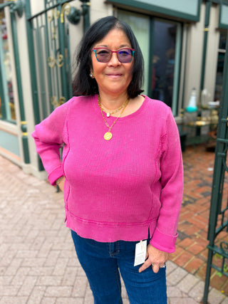 Escape by Habitat Fuchsia Waffle Knit Seamed Crewneck Top