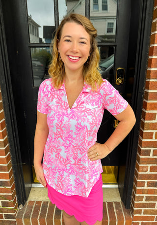 Lulu B Pink Coral Short Sleeve Collar Top