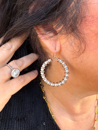 Pearl and Silver Beaded Hoop Earrings