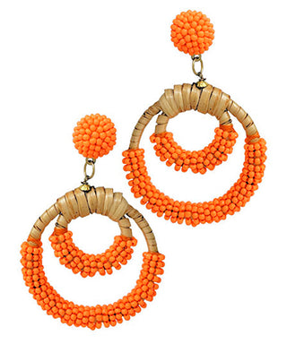 Seedbead & 2 Circle Rattan Earrings Orange