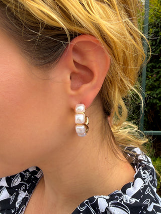 Square Pearl Hoops Gold