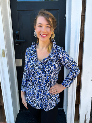 Lulu B Ruffle Neck Navy and Sand Vine Top