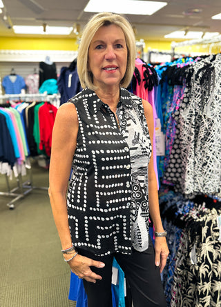 Tango Mango Black & White Mosaic Print Sleeveless Collared Blouse