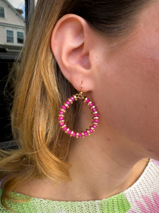 Pink and Gold Beaded Hoop Earrings