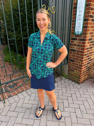 Lulu B Navy and Emerald Loops Short Sleeve Collar Top