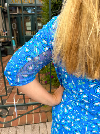 Beachtime by Lulu B Periwinkle Flower Power Short Sleeve Quarter Zip Pocket Dress