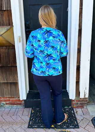 Lulu B Blue Palm Tree V-Neck 3/4 Sleeve Top