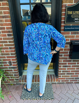 Lulu B Dark Blue Vine Asymmetrical Scoop Neck Top