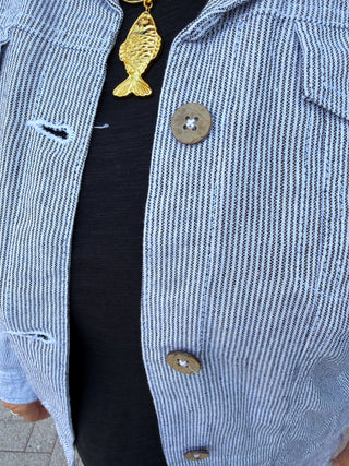 Blue Pin Stripe Printed Linen Blend Jacket