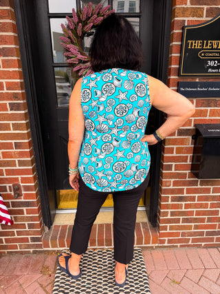 Lulu B Clear Turquoise Shells UPF 50+ Sleeveless Keyhole Top