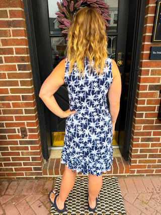 Beachtime by Lulu B Navy Palm Ruffle Trim Dress