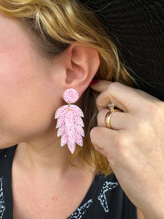 Beaded Light Pink Feather Earrings