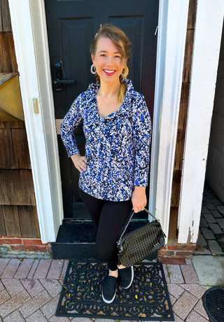 Lulu B Ruffle Neck Navy and Sand Vine Top