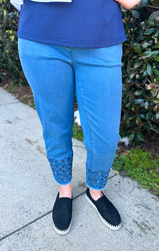 Lulu B Clear Denim Sparkle Flower Capri