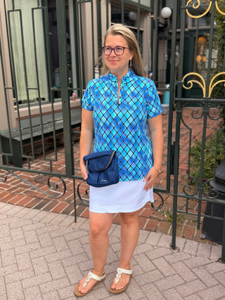 Beachtime by Lulu B Blue Window Pane Hearts Short Sleeve Zip Top