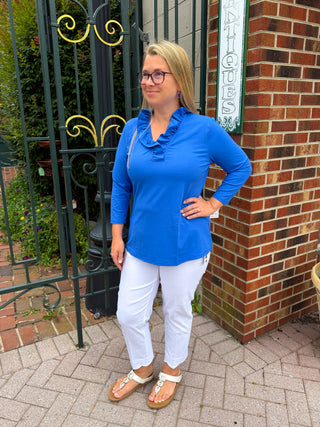 Lulu B Ruffle Neck Blue Top