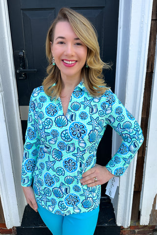 Lulu B Gingham Seafoam Shells Long Sleeve Collar Top