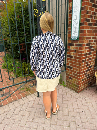 Lulu B Ruffle Neck Neutral Mosaic Top