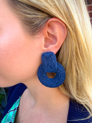 Wrapped Raffia Circle Dangle Earrings Navy