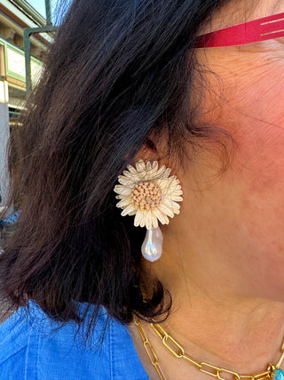 Cream Raffia and Pearl Flower Earrings