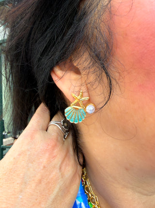 Starfish and Teal Shell Earrings